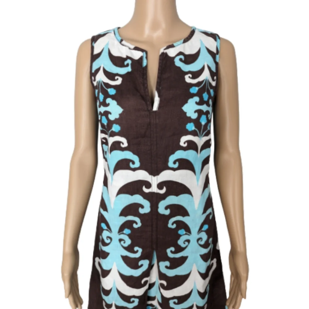 Tory Burch Brown and Turquoise Floral Print Linen Dress 2